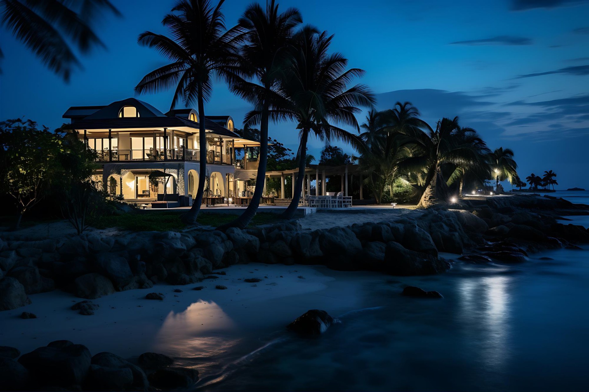 Luxury waterfront estate at night